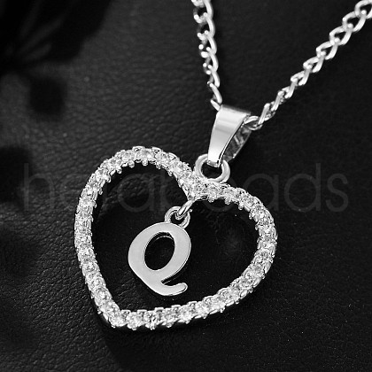 Brass Micro Pave Clear Cubic Zirconia Hollow Heart with Initial Pendant Necklaces WG4069A-22-1