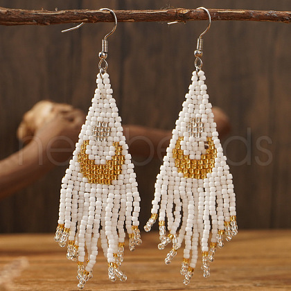 Vintage Ethnic Handmade Glass Seed Beads Moon Dangle Earrings JT7942-1-1