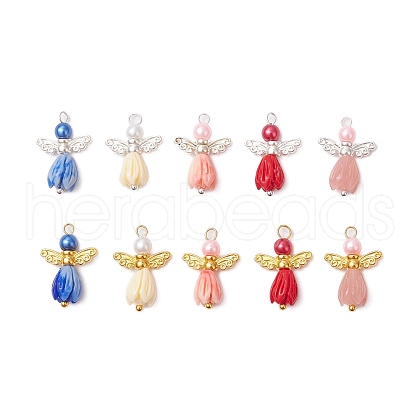 Opaque Resin Flower Rose Beads with  Glass Pearl Round Bead and Tibetan Style Alloy Fairy Wing Beads and Brass Ball Head pins Pendants PALLOY-JF03594-1