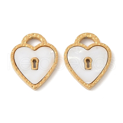 304 Stainless Steel Pave Natural white Shell Heart Lock Connector Charms STAS-U057-27G-1