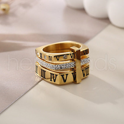 Roman Numerals 304 Stainless Steel & Crystal Rhinestone Finger Rings FS-WGD9A22-24-1