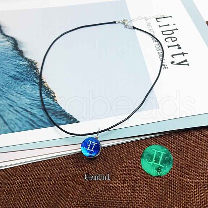 Zinc Alloy & Luminous Blue Glass Flat Round with Constellation Pendant Black Waxed Cord Necklaces WG9F396-11-1