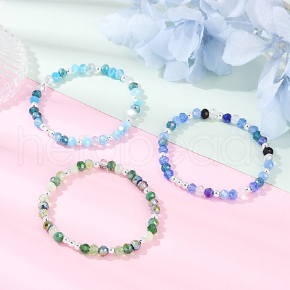 3Pcs 3 Colors Faceted Round Electroplate Glass Beads Stretch Bracelets for Women BJEW-JB11628-1