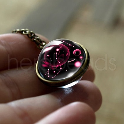 Double Glass Round with Constellation Pendant Alloy Chain Necklaces WG188F6-12-1