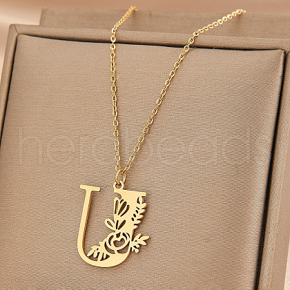 Flower Letter Stainless Steel Initial Pendant Necklaces for Women Men FS-WGF85E2-05-1