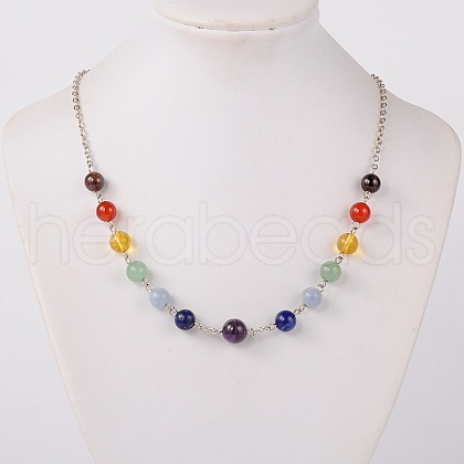 Seven Chakra Natural Gemstone Beaded Necklaces NJEW-JN00937-1