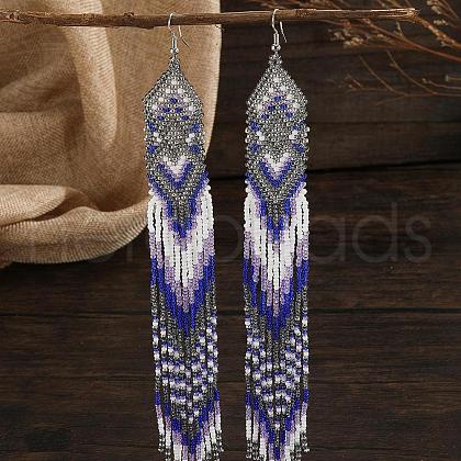 Bohemian Style Handmade Glass Seed Beads Rhombus Pattern Tassel Dangle Earrings VU9646-2-1