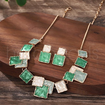 Square Zinc Alloy Enamel Pendant Necklaces & Stud Dangle Earrings Sets FS-WG2E030-03-1