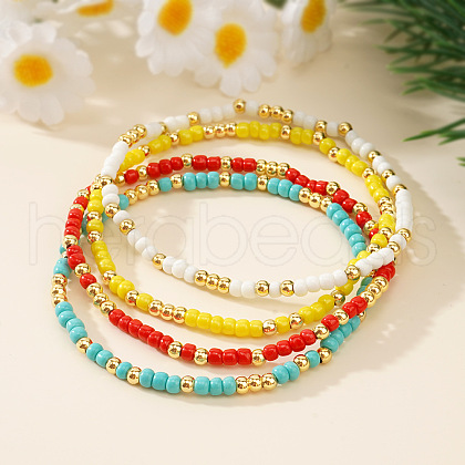4Pcs Bohemian Style Brass & Glass Seed Beads Stretch Bracelet Sets VZ3169-1