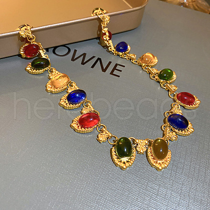 Medieval-Style Alloy Pave Colorful Resin Oval Link Chain Choker Necklaces for Women FS-WG60C09-03-1