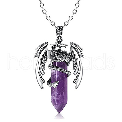 Natural Amethyst Bullet with Dragon Pendant Necklace with Zinc Alloy Chains PW-WG99720-07-1