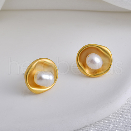 Mother's Day Jewellery Flat Round Brass & Freshwater Pearl Stud Earrings for Women EJEW-G391-04MG-1