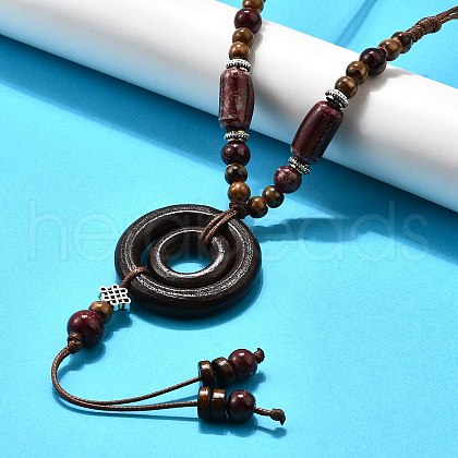 Ethnic Style Alloy & Porcelain Ceramic Beads & Wood Ring Pendant Tassel Y Necklaces NJEW-D308-02-1