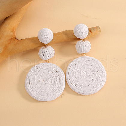 Flat Round Alloy Raffia Dangle Stud Earrings FS-WG4F3C4-05-1