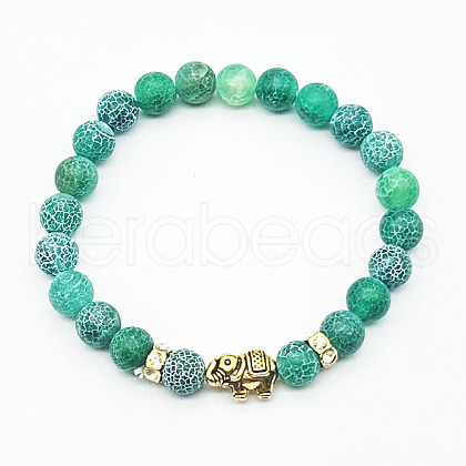 Ethnic Style Antique Golden Tone Alloy Elephant & Round Dyed Natural Weathered Agate Beaded Stretch Bracelets for Women Men QP2163-3-1