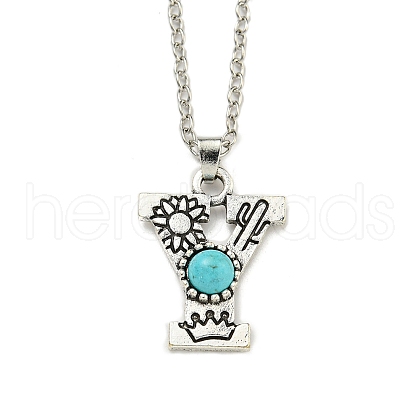 Letter A~Z Antique Silver Plated Alloy with Synthetic Turquoise Pendant Necklaces NJEW-G080-01Y-1
