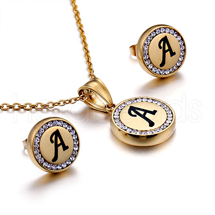 Flat Round with Letter Pattern 304 Stainless Steel Crystal Rhinestone Pendant Necklace & Stud Earring FS-WG33EDD-01-1
