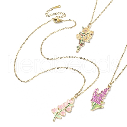 3Pcs 3 Style Alloy Enamel Flower Pendant Necklaces Set with 304 Stainless Steel Chains NJEW-JN04413-1