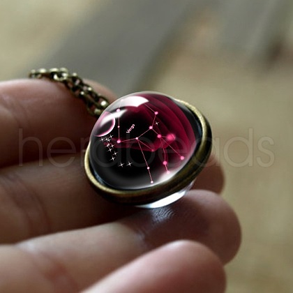 Double Glass Round with Constellation Pendant Alloy Chain Necklaces WG188F6-10-1