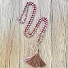 Natural Rhodonite Mala Prayer Round Beaded Wrap Necklaces with Long Tassel and Metal Tree of Life FS-WG93CBE-07-1