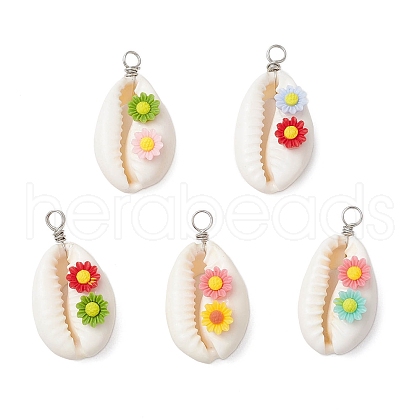 Natural Cowrie Shell & Flower Opaque Resin Pendants PALLOY-JF03820-1