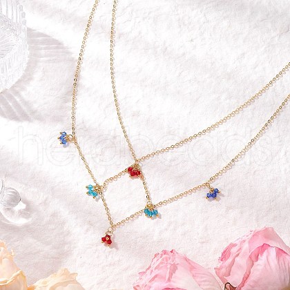 Colorful Imitated Austrian Crystal Bicone Glass Beaded Tassel Brass Cable Chain Double Layer Necklaces NJEW-JN05304-1