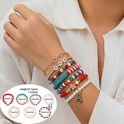 7pcs 7 Styles Christmas Theme Handmade Polymer Clay Hesihi & CCB Beads Stretch Bracelet & Paperclip Chain Bracelet & Imitation Pearl  Charm Bracelets Set for Women WG289FB-15-1
