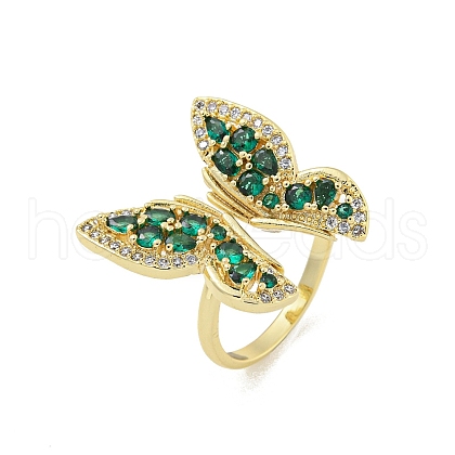 Rack Plated Brass Micro Pave Cubic Zirconia Butterfly Open Cuff Rings for Women RJEW-Z039-14G-1