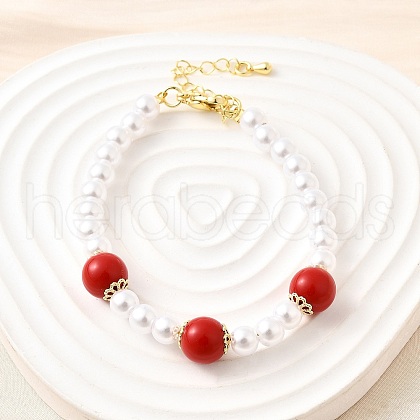 Brass ABS Imitation Pearl Beaded Bracelets for Women BJEW-D317-02G-1