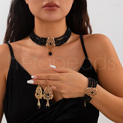 Teardrop Alloy & Glass Rhinestone Pendant Necklace & Stud Dangle Earring & Bracelet FS-WG89F11-08-1