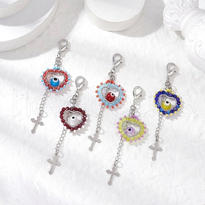 Handmade Evil Eye Lampwork & Glass Seed Beaded Heart Pendant Decorations HJEW-MZ00211-1