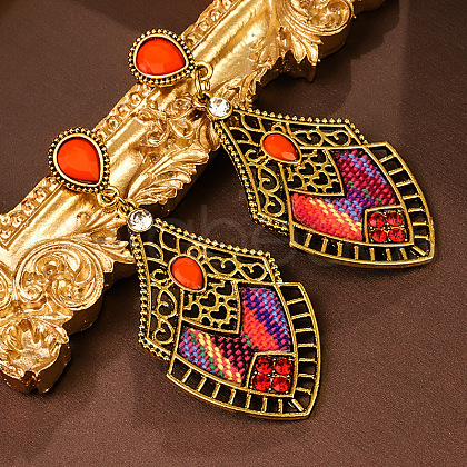 Ethnic Style Rhombus Alloy & Rhinestone & Polyester Cord Stud Dangle Earrings FS-WG73F41-02-1