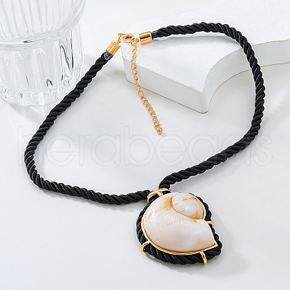 Summer Alloy Pave Resin Shell Shaped Pendant Black Polycotton Cord Necklaces FS-WG37484-01-1