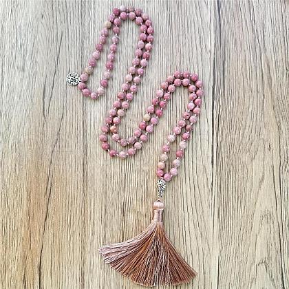 Natural Rhodonite Mala Prayer Round Beaded Wrap Necklaces with Long Tassel and Metal Tree of Life FS-WG93CBE-07-1
