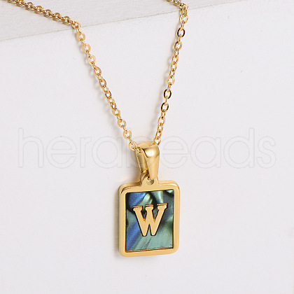 304 Stainless Steel Pave Natural Paua Shell Rectangle Initial Pendant Necklaces for Women FS-WG38E89-23-1