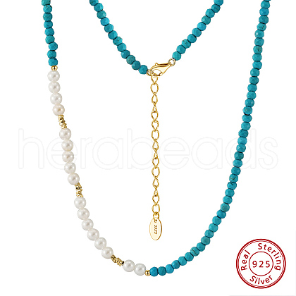 Faceted Round Natural Turquoise & Shell Pearl Beaded Necklaces NJEW-L125-005G-01-1