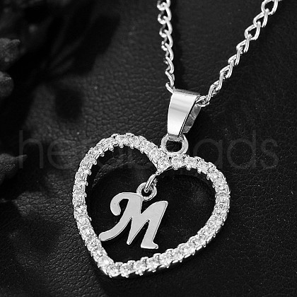 Brass Micro Pave Clear Cubic Zirconia Hollow Heart with Initial Pendant Necklaces WG4069A-18-1