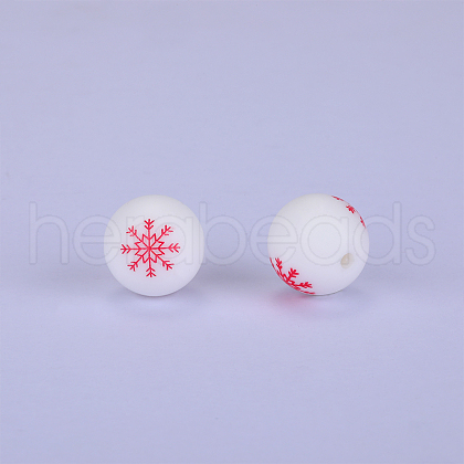 Christmas Printed Round with Snowflake Pattern Silicone Focal Beads SI-JX0056A-123-1