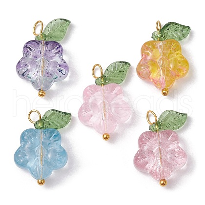 Transparent Glass Flower & Acrylic Leaf Pendants PALLOY-JF02287-02-1