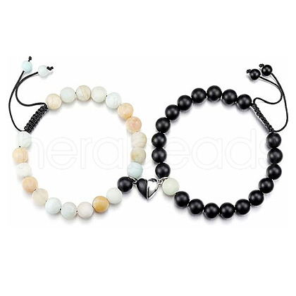 2Pcs Couple Natural Amazonite & Black Stone Braided Beads Bracelet Sets MV4746-1-1