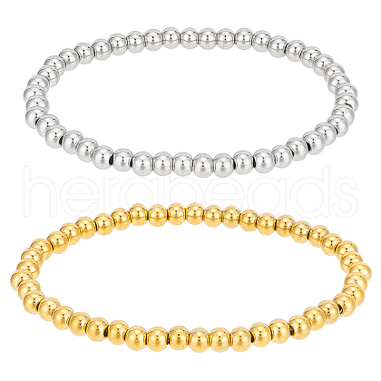 BENECREAT 4Pcs 2 Colors 201 Stainless Steel Round Beaded Stretch Bracelets Set for Men Women BJEW-BC0001-15A-1