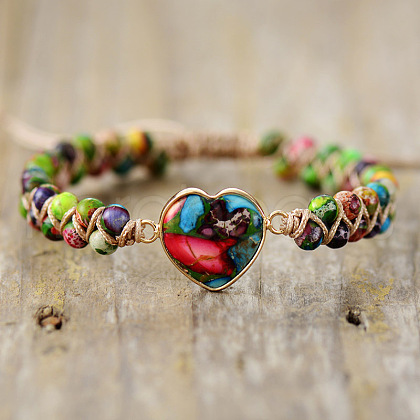 Heart Natural Imperial Jasper Beads Link Bracelets WG1E55C-04-1