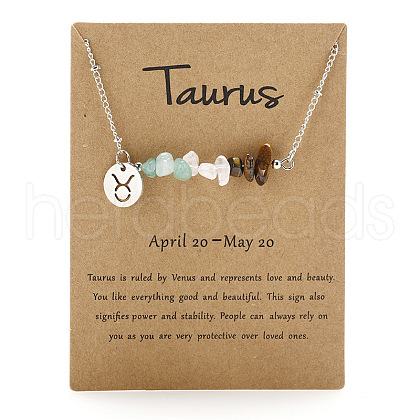 Natural Tiger Eye & Aquamarine & Quartz Crystal Chip & Alloy Constellation Pendant Necklaces WGB0CBC-03-1