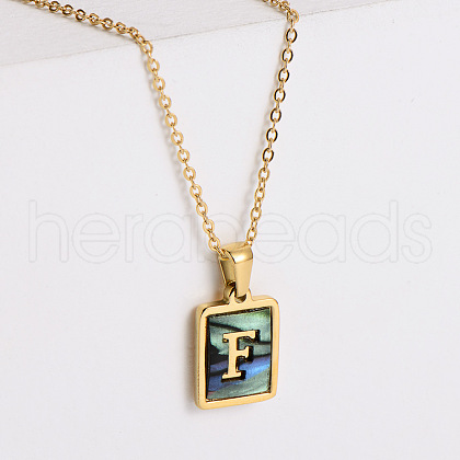 304 Stainless Steel Pave Natural Paua Shell Rectangle Initial Pendant Necklaces for Women FS-WG38E89-06-1