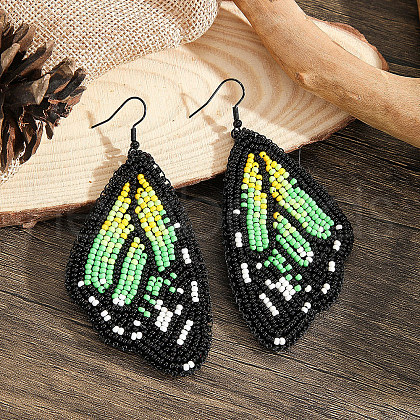 Bohemian Style Green Butterfly Wing Glass Bead Handmade Dangle Earrings LW2379-1
