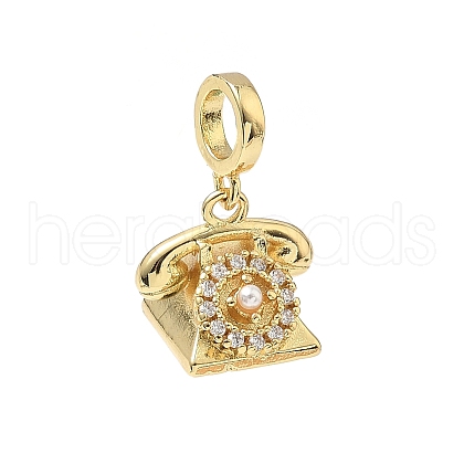 Brass Micro Pave Clear Cubic Zirconia and ABS Imitation Pearl European Dangle Charms KK-Q068-12G-1