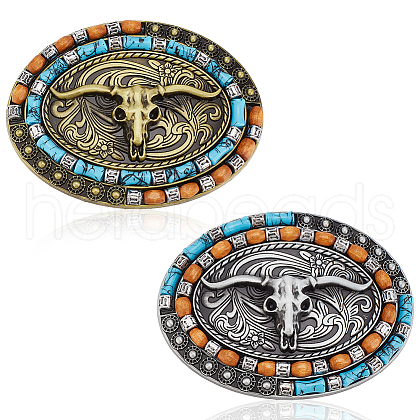ANATTASOUL 2Pcs 2 Colros Ox Head Alloy Belt Buckle for Men with Wood Bead FIND-AN0001-01-1