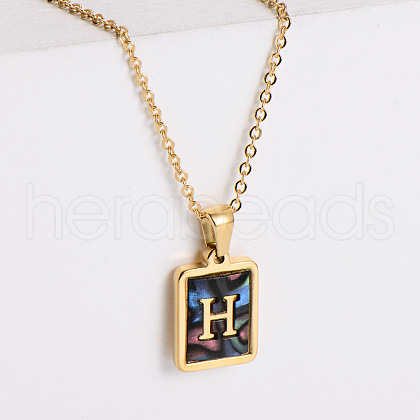 304 Stainless Steel Pave Natural Paua Shell Rectangle Initial Pendant Necklaces for Women FS-WG38E89-08-1