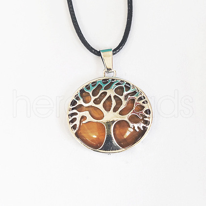 Alloy Pave Natural Tiger Eye Tree of Life Pendant Necklaces KW6501-6-1