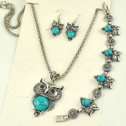 Owl Alloy & Synthetic Turquoise Pendant Necklaces & Dangle Earrings & Link Bracelets Sets FS-WG40159-02-1